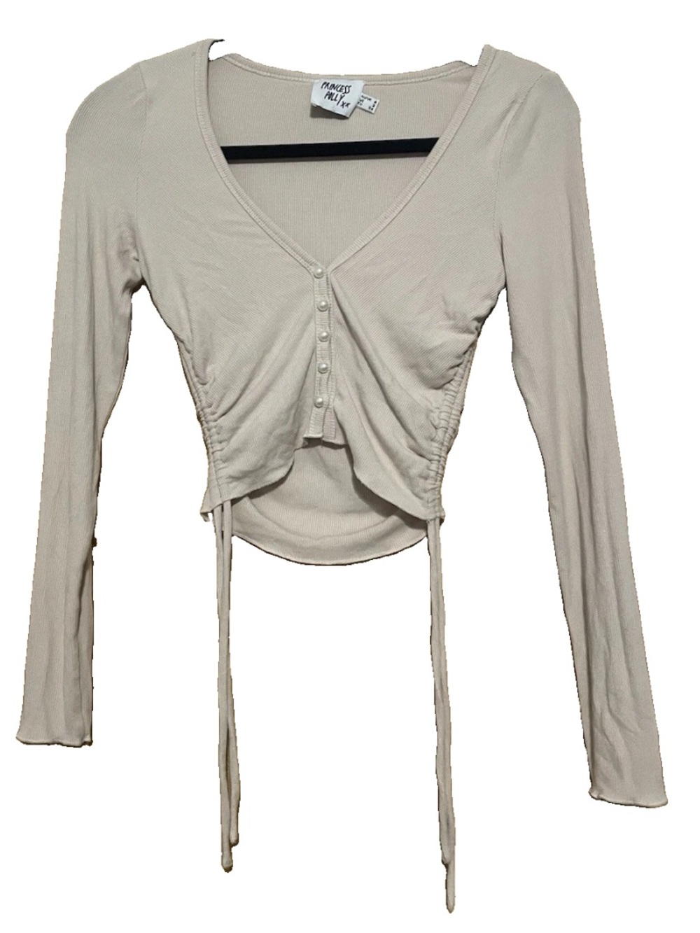 Princess Polly Beige Long-Sleeve V-Neck Drawstring Crop Top